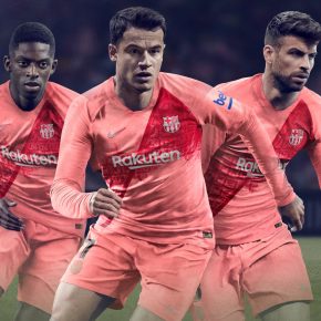 FC Barcelona 2018 2019 Nike Peach Third Football Kit, Soccer Jersey, Shirt, Camiseta Tercera, Equipacion, Camisa, Maillot, Trikot, Tenue