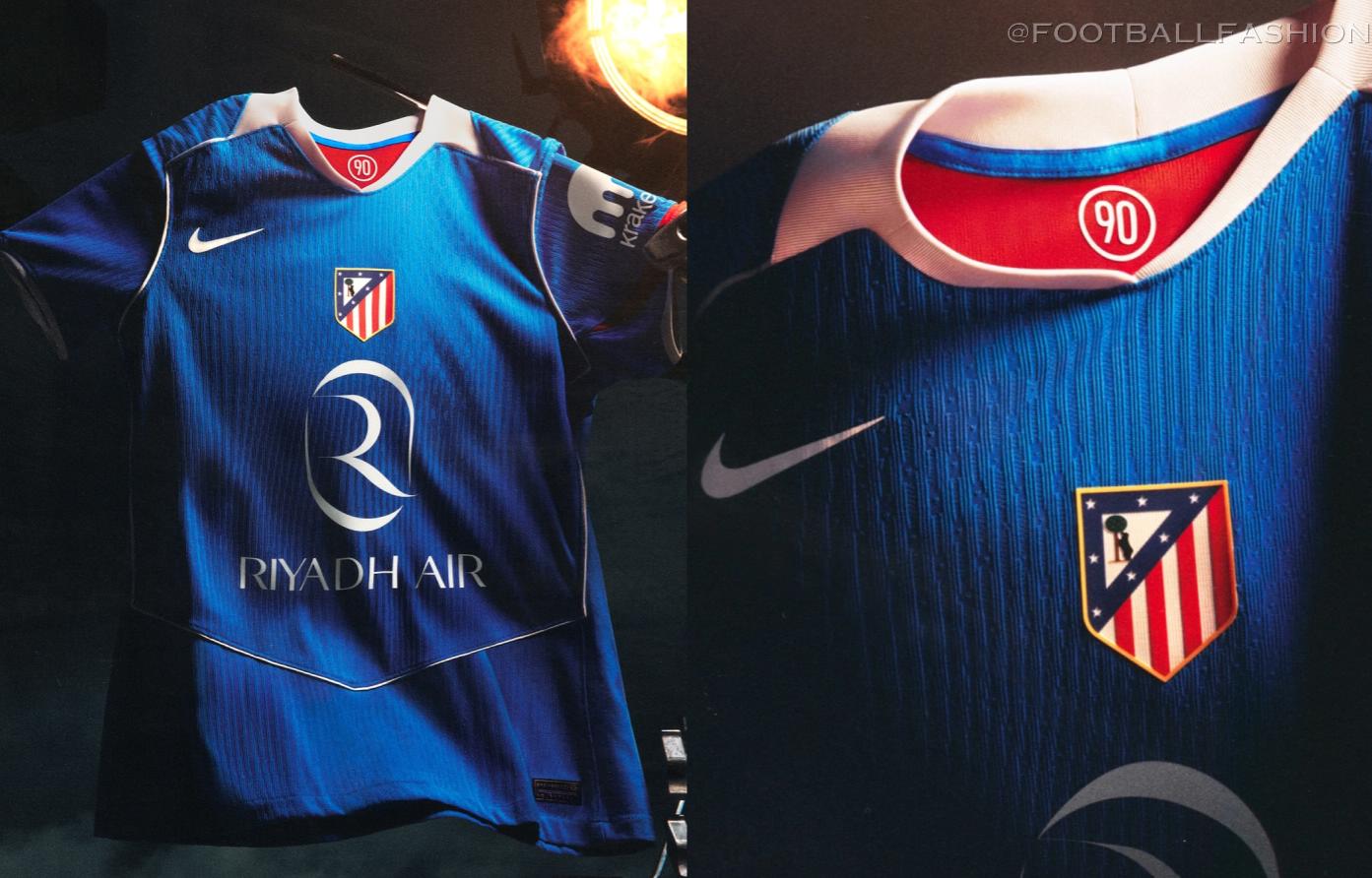 Atlético de Madrid 2025/26 third kit featuring Nike Total 90 design in blue, red and white