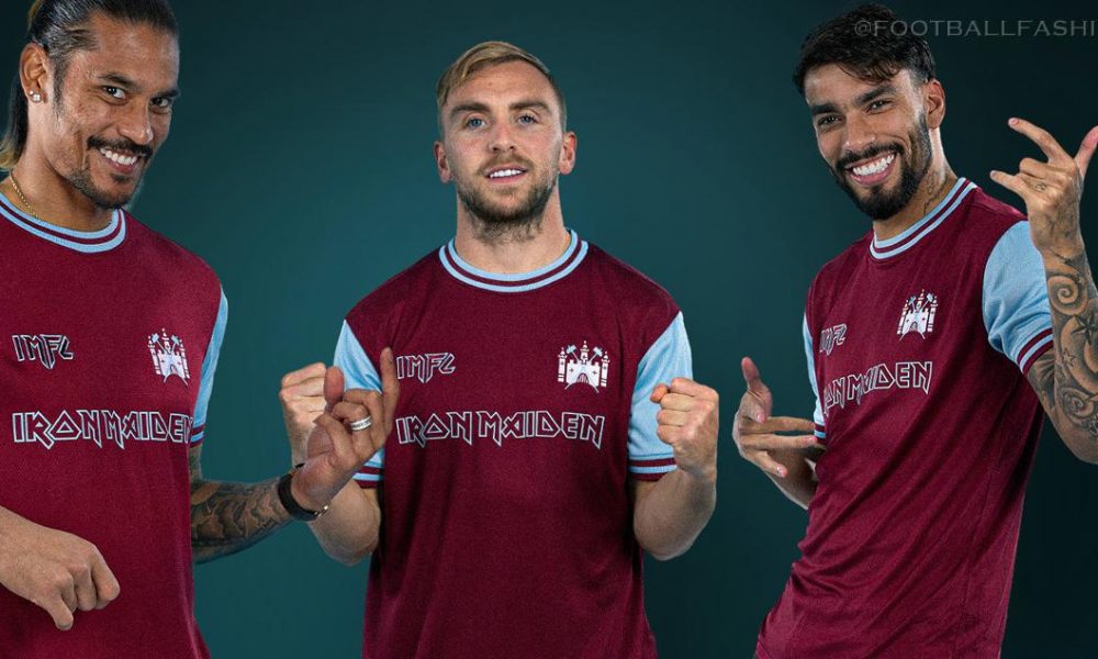 West Ham United x Iron Maiden 50th anniversary Claret and Blue football shirt with 1975 Cup Final badge, Iron Maiden logo, IMFC mark, and Steve Harris No. 11