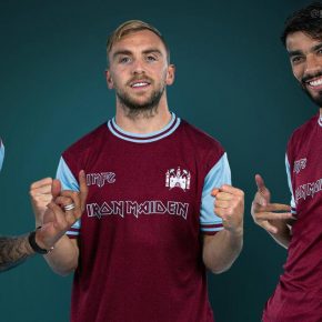 West Ham United x Iron Maiden 50th anniversary Claret and Blue football shirt with 1975 Cup Final badge, Iron Maiden logo, IMFC mark, and Steve Harris No. 11