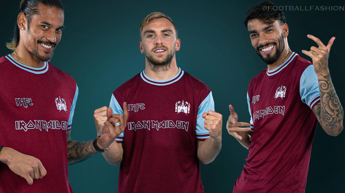 West Ham United x Iron Maiden 50th anniversary Claret and Blue football shirt with 1975 Cup Final badge, Iron Maiden logo, IMFC mark, and Steve Harris No. 11