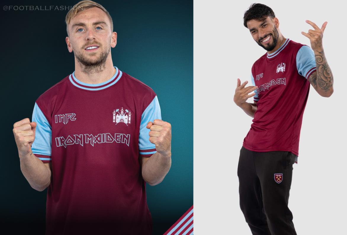 West Ham United x Iron Maiden 50th anniversary Claret and Blue football shirt with 1975 Cup Final badge, Iron Maiden logo, IMFC mark, and Steve Harris No. 11