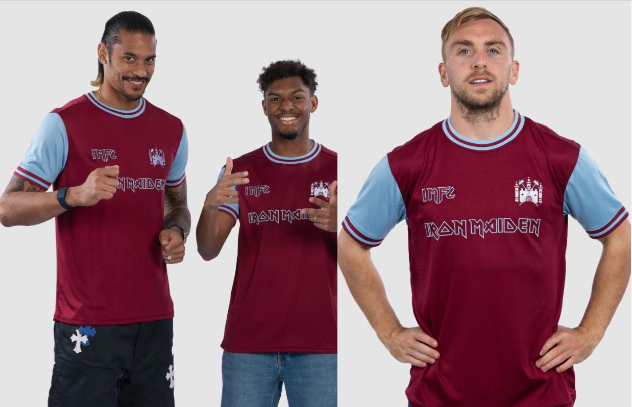 West Ham United x Iron Maiden 50th anniversary Claret and Blue football shirt with 1975 Cup Final badge, Iron Maiden logo, IMFC mark, and Steve Harris No. 11
