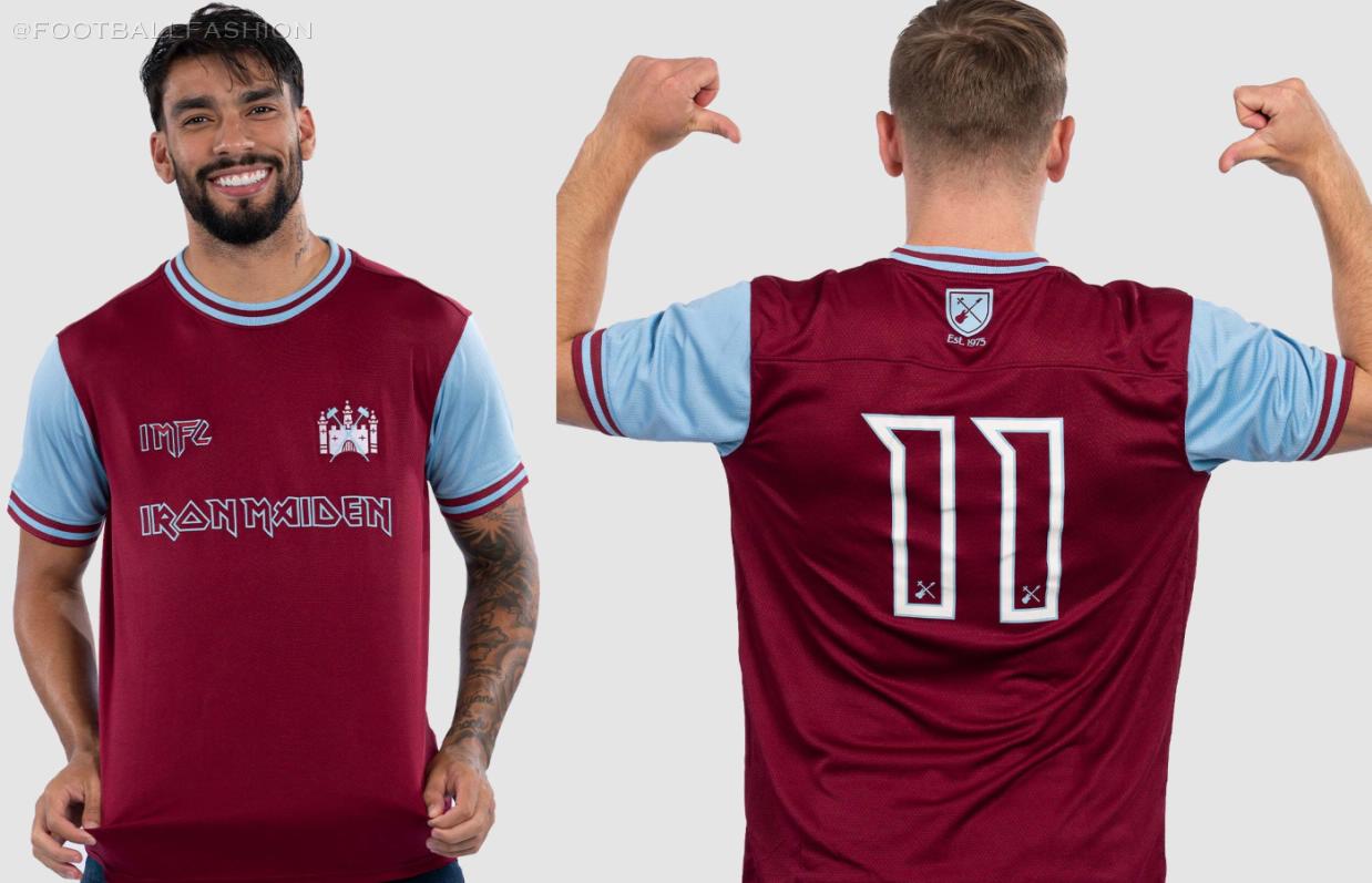 West Ham United x Iron Maiden 50th anniversary Claret and Blue football shirt with 1975 Cup Final badge, Iron Maiden logo, IMFC mark, and Steve Harris No. 11
