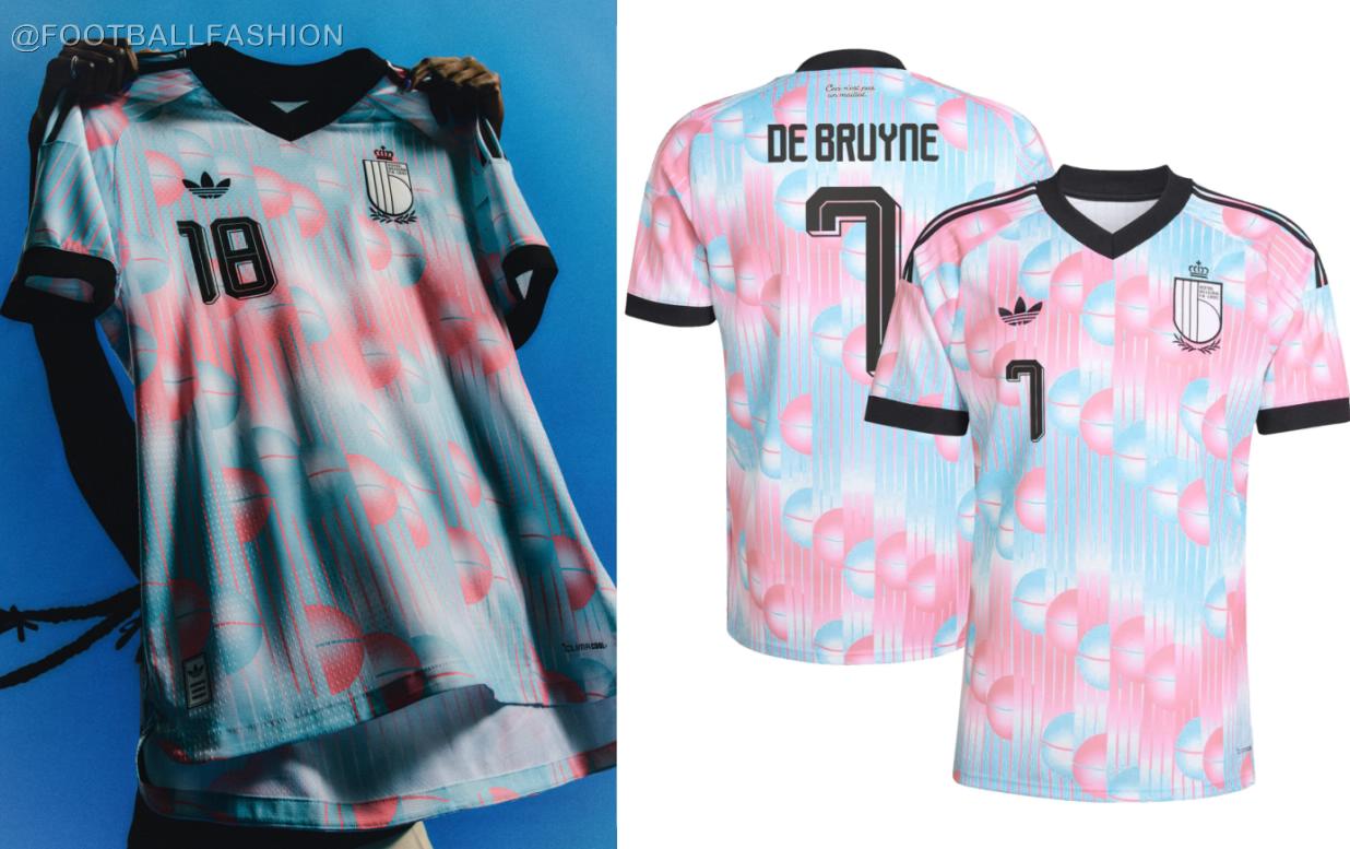 Belgium World Cup 2026 away jersey featuring light blue and pink Magritte-inspired surrealist pattern and adidas Originals branding.