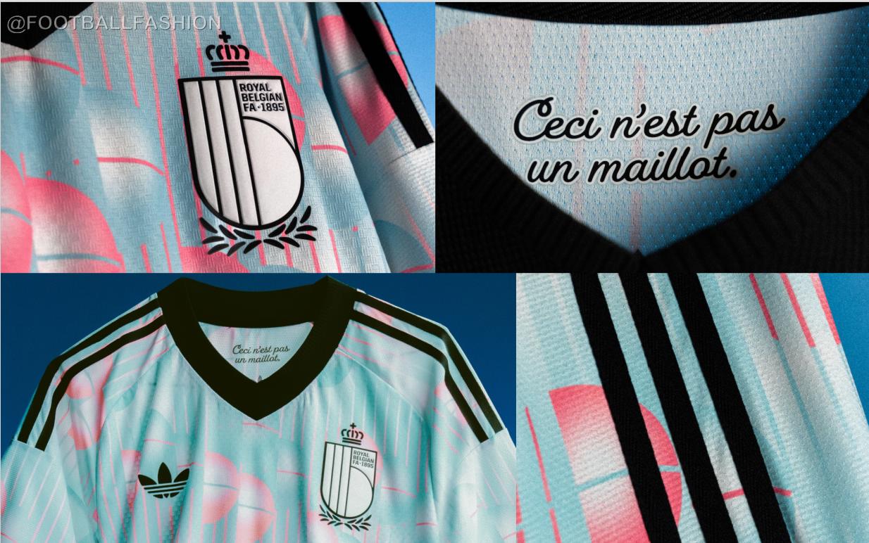 Belgium World Cup 2026 away jersey featuring light blue and pink Magritte-inspired surrealist pattern and adidas Originals branding.