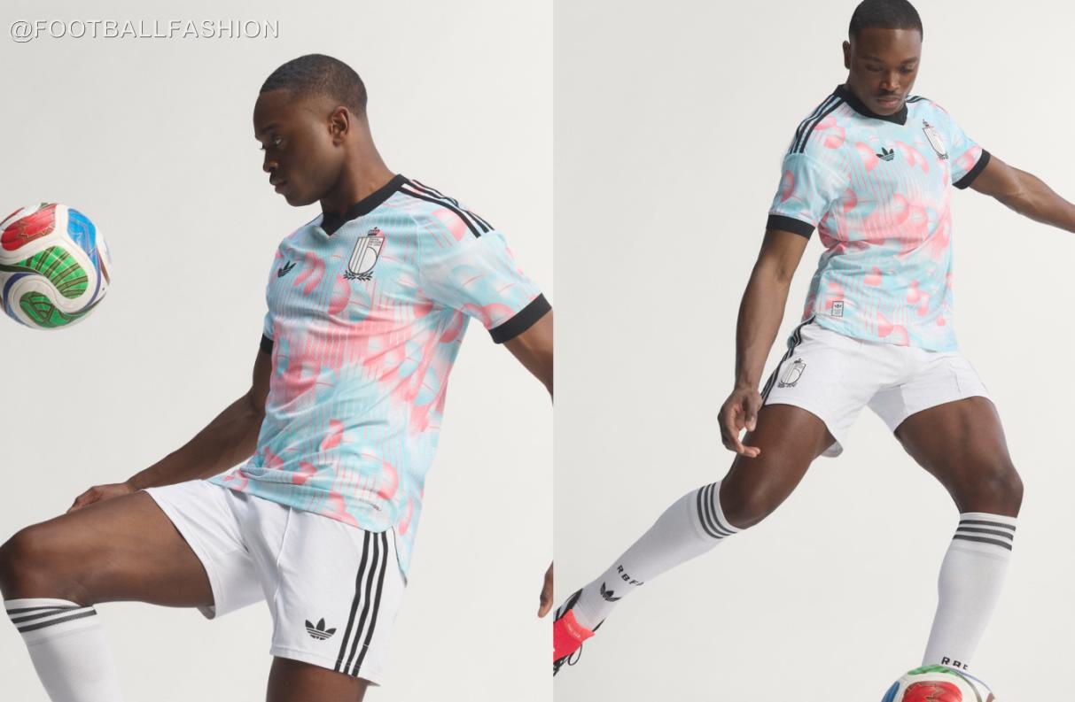 Belgium World Cup 2026 away jersey featuring light blue and pink Magritte-inspired surrealist pattern and adidas Originals branding.