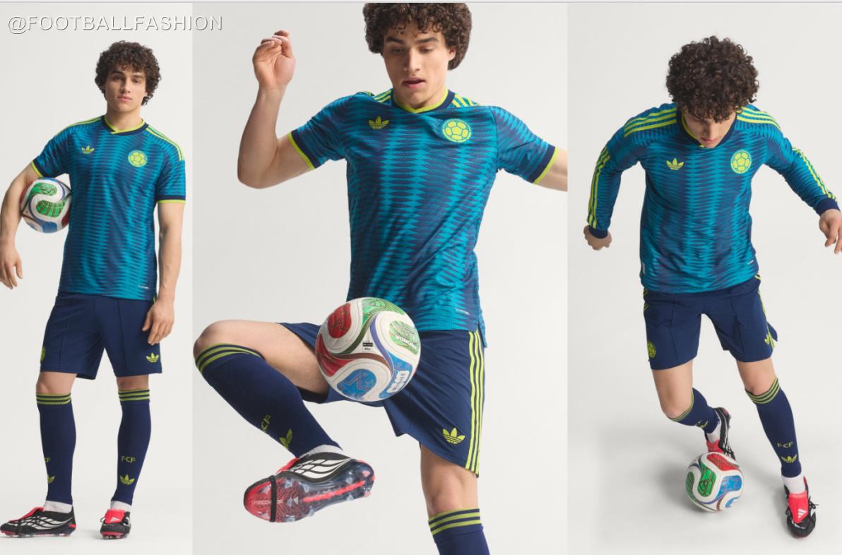 View of the Colombia 2026 Jersey away kit showing blue ocean-inspired patterns and green shoulder stripes.