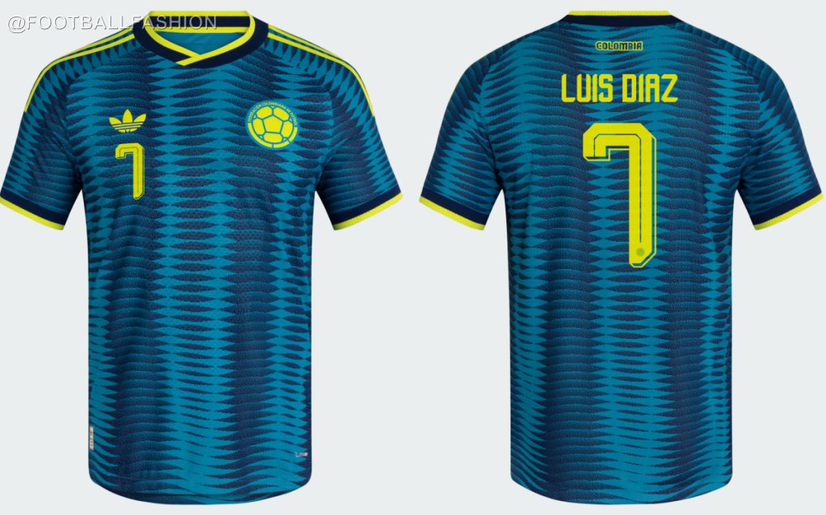 View of the Colombia 2026 Jersey away kit showing blue ocean-inspired patterns and green shoulder stripes.