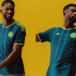 View of the Colombia 2026 Jersey away kit showing blue ocean-inspired patterns and green shoulder stripes.