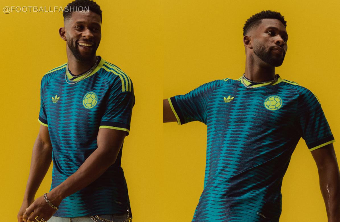 View of the Colombia 2026 Jersey away kit showing blue ocean-inspired patterns and green shoulder stripes.