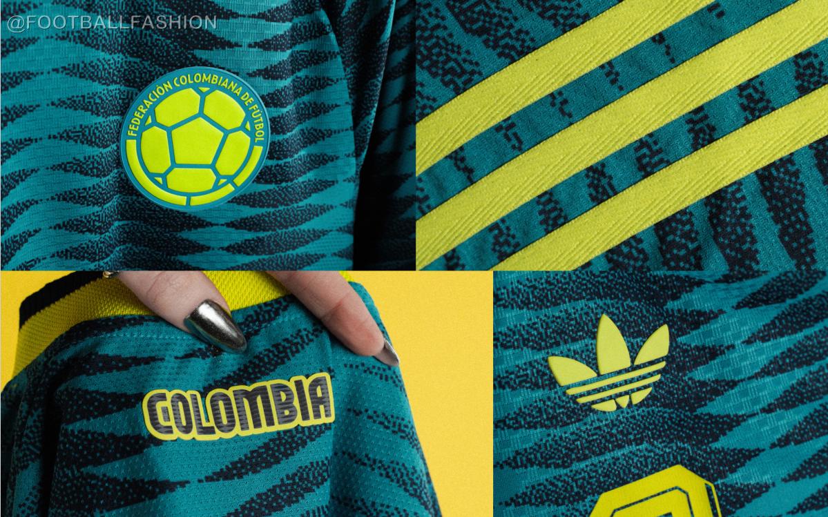 View of the Colombia 2026 Jersey away kit showing blue ocean-inspired patterns and green shoulder stripes.