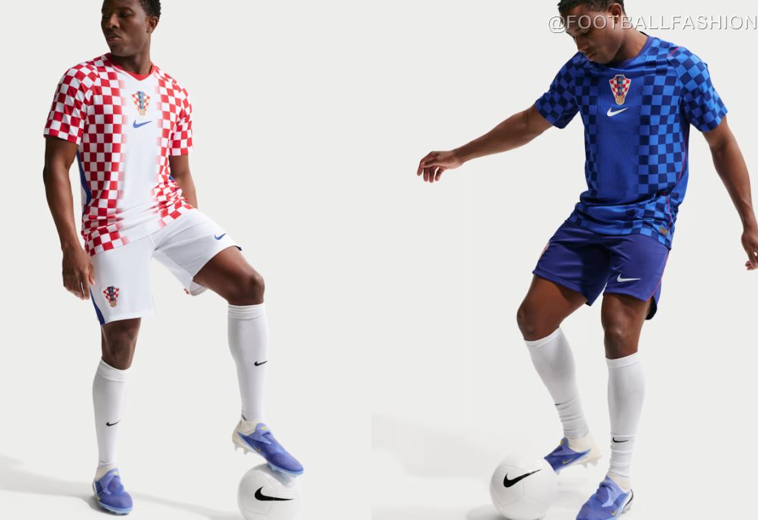 Croatia 2026 World Cup home and away jerseys by Nike — red and white checkerboard home kit alongside dark blue away shirt