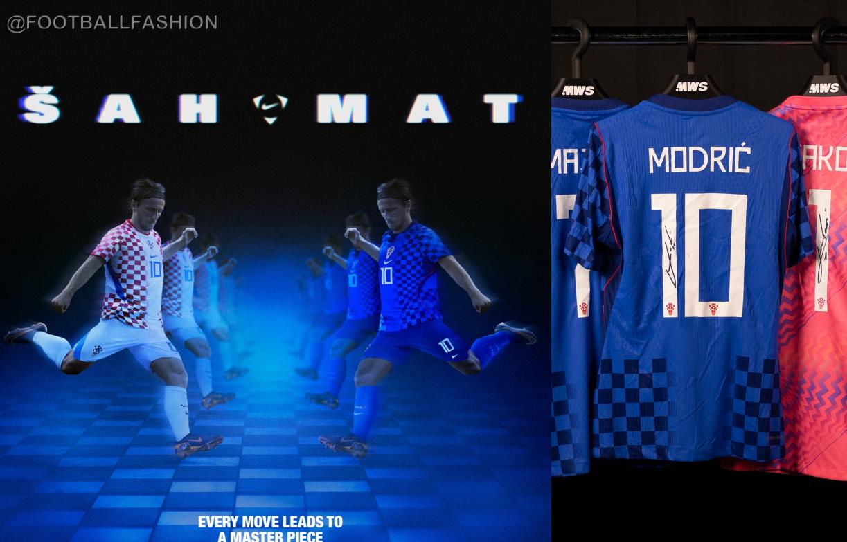 Croatia 2026 World Cup home and away jerseys by Nike — red and white checkerboard home kit alongside dark blue away shirt