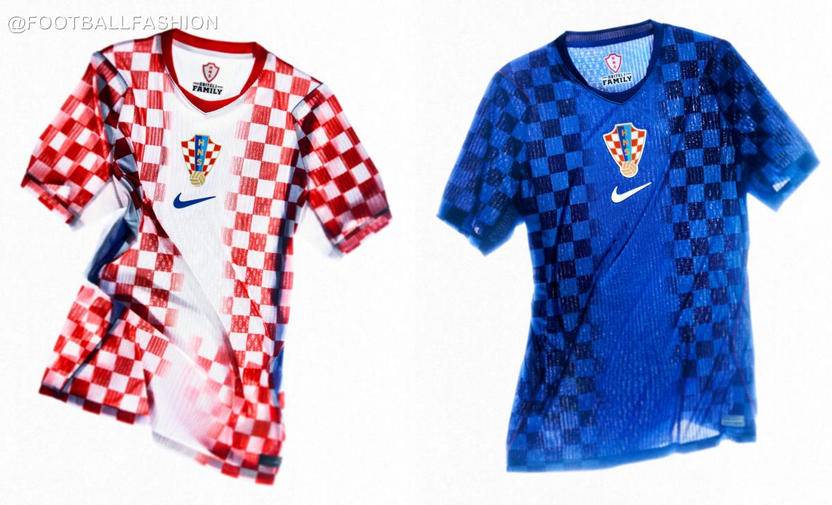 Croatia 2026 World Cup home and away jerseys by Nike — red and white checkerboard home kit alongside dark blue away shirt
