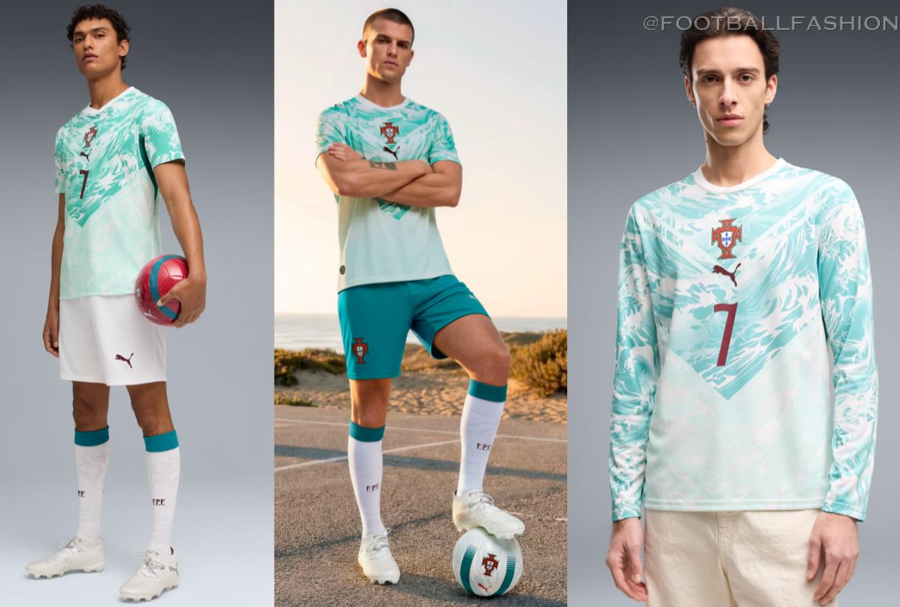 Portugal World Cup 2026 Jersey away edition by PUMA with white fabric and teal maritime patterns.