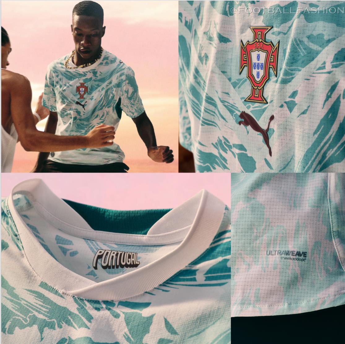 Portugal World Cup 2026 Jersey away edition by PUMA with white fabric and teal maritime patterns.