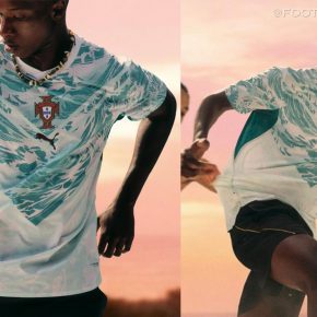 Portugal World Cup 2026 Jersey away edition by PUMA with white fabric and teal maritime patterns.