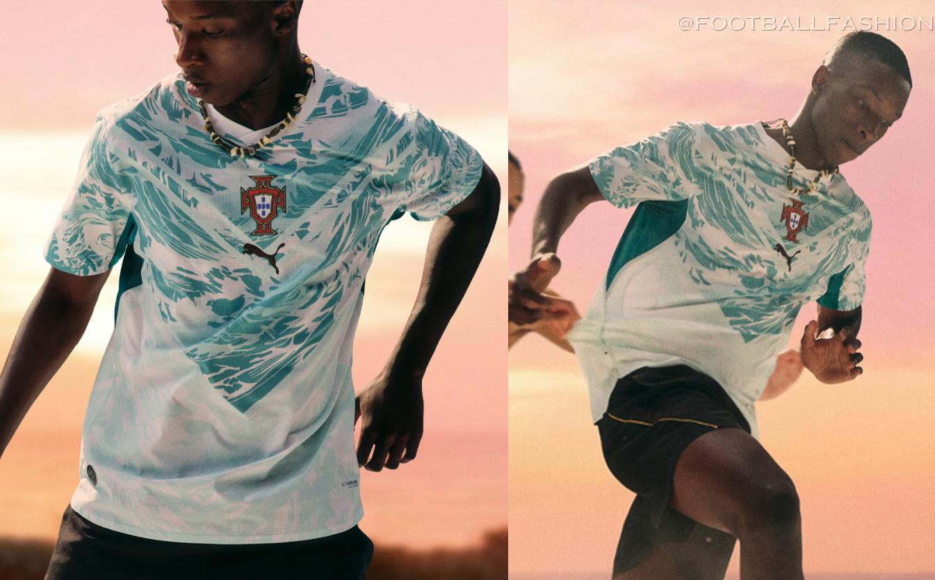 Portugal World Cup 2026 Jersey away edition by PUMA with white fabric and teal maritime patterns.