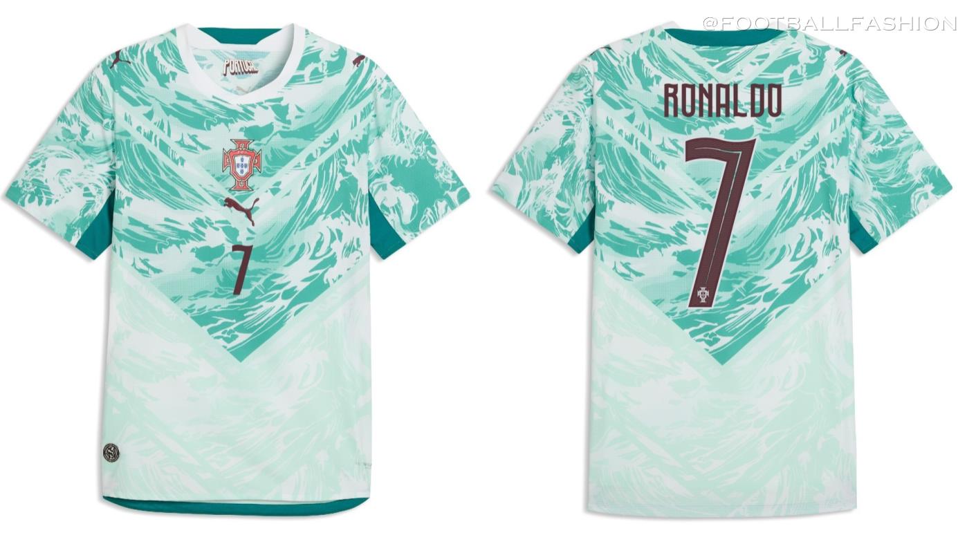 Portugal World Cup 2026 Jersey away edition by PUMA with white fabric and teal maritime patterns.