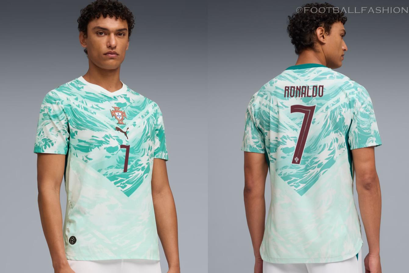 Portugal World Cup 2026 Jersey away edition by PUMA with white fabric and teal maritime patterns.
