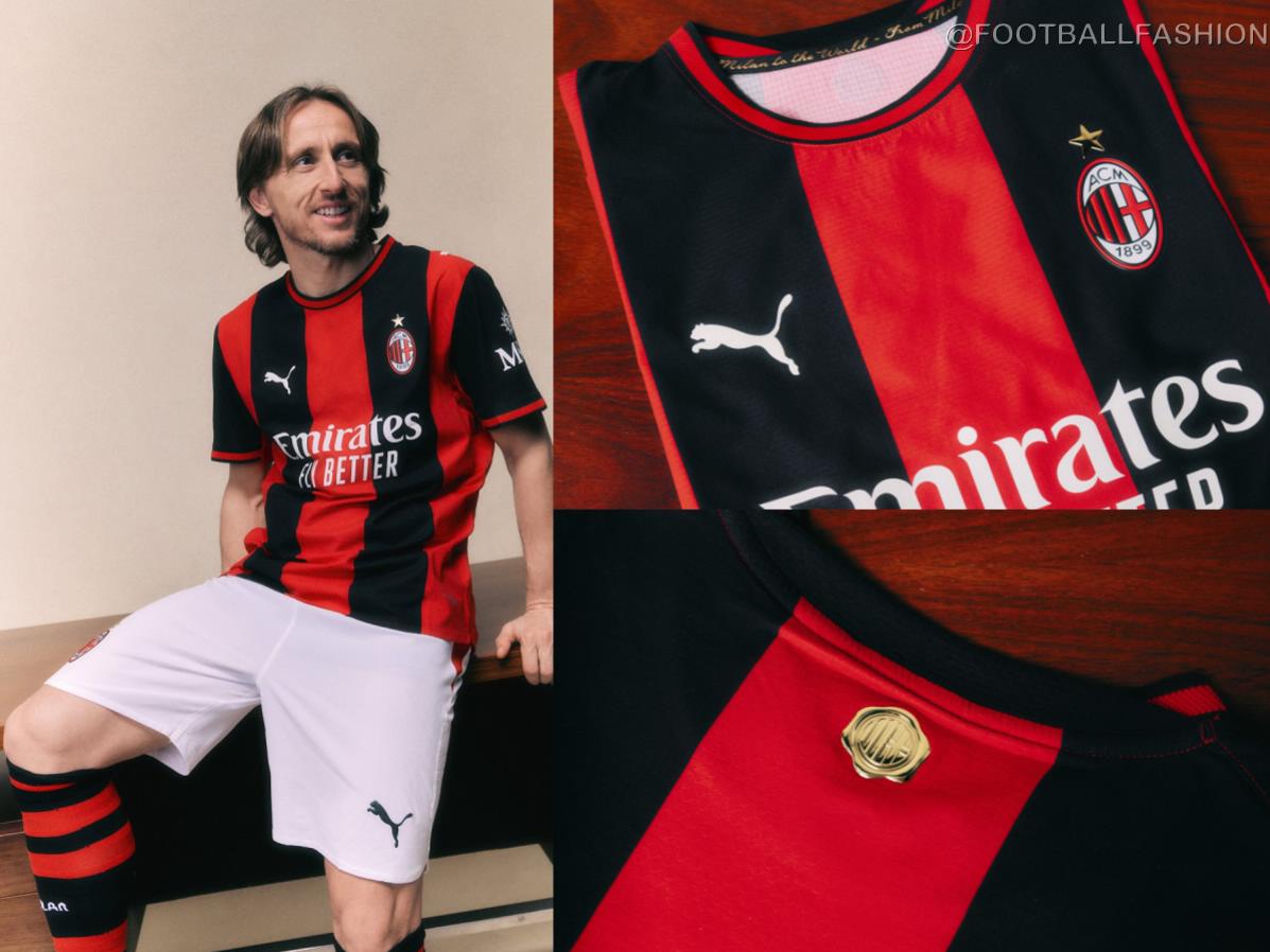 The new PUMA AC Milan 2026/27 jersey showcasing the classic wide red and black stripes on the front and back.