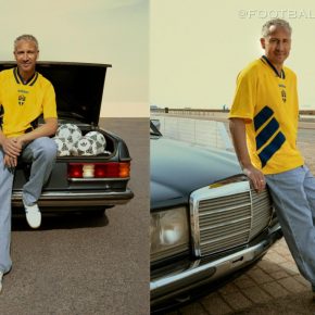 Henrik Larsson wearing the re-released adidas Sweden 1994 World Cup retro jersey during the official campaign shoot.