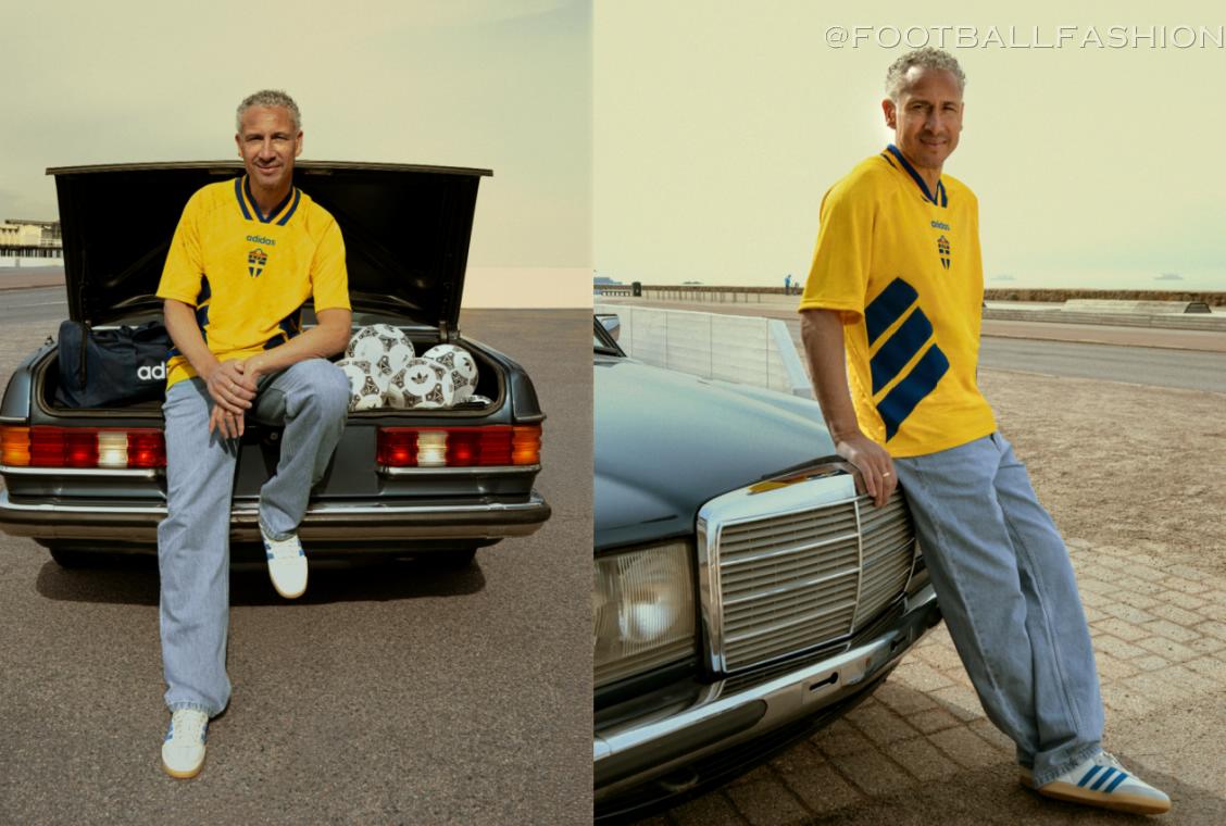 Henrik Larsson wearing the re-released adidas Sweden 1994 World Cup retro jersey during the official campaign shoot.