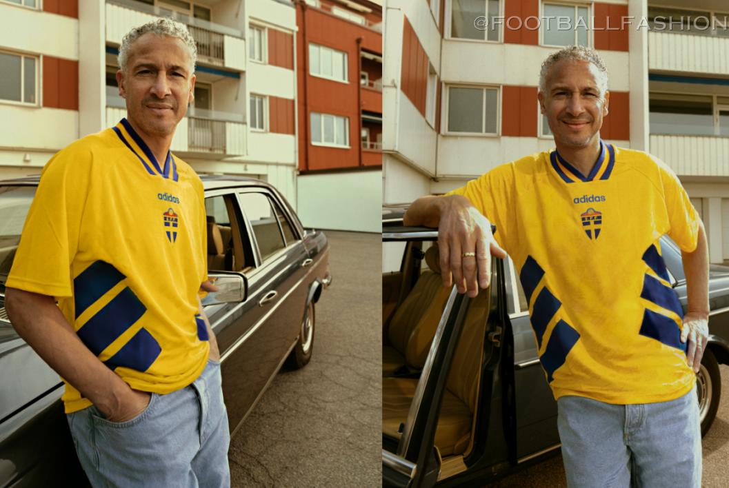 Henrik Larsson wearing the re-released adidas Sweden 1994 World Cup retro jersey during the official campaign shoot.