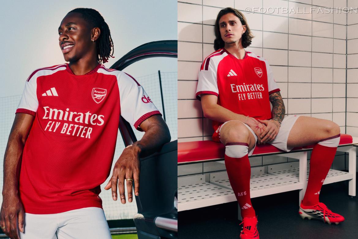 Front view of the 2026/27 Arsenal home jersey by adidas featuring a red body and white sleeves.