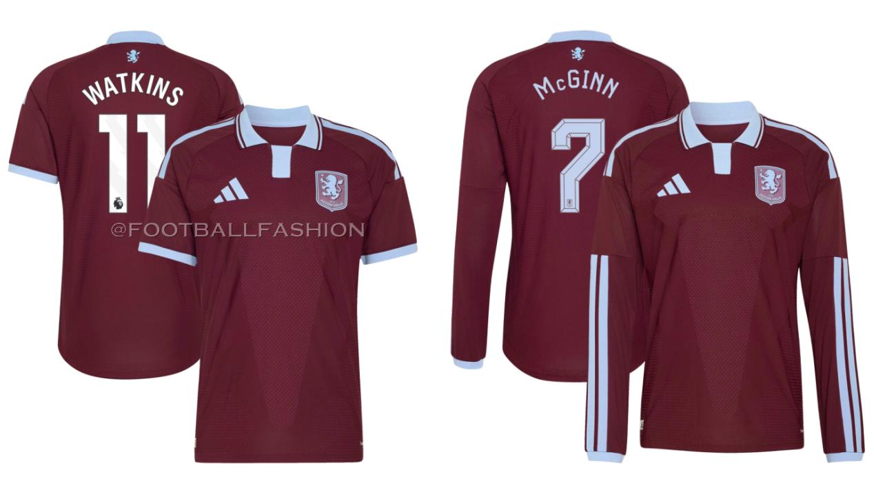 Players presenting the new Aston Villa 2026/27 home kit, featuring a classic claret and blue design.