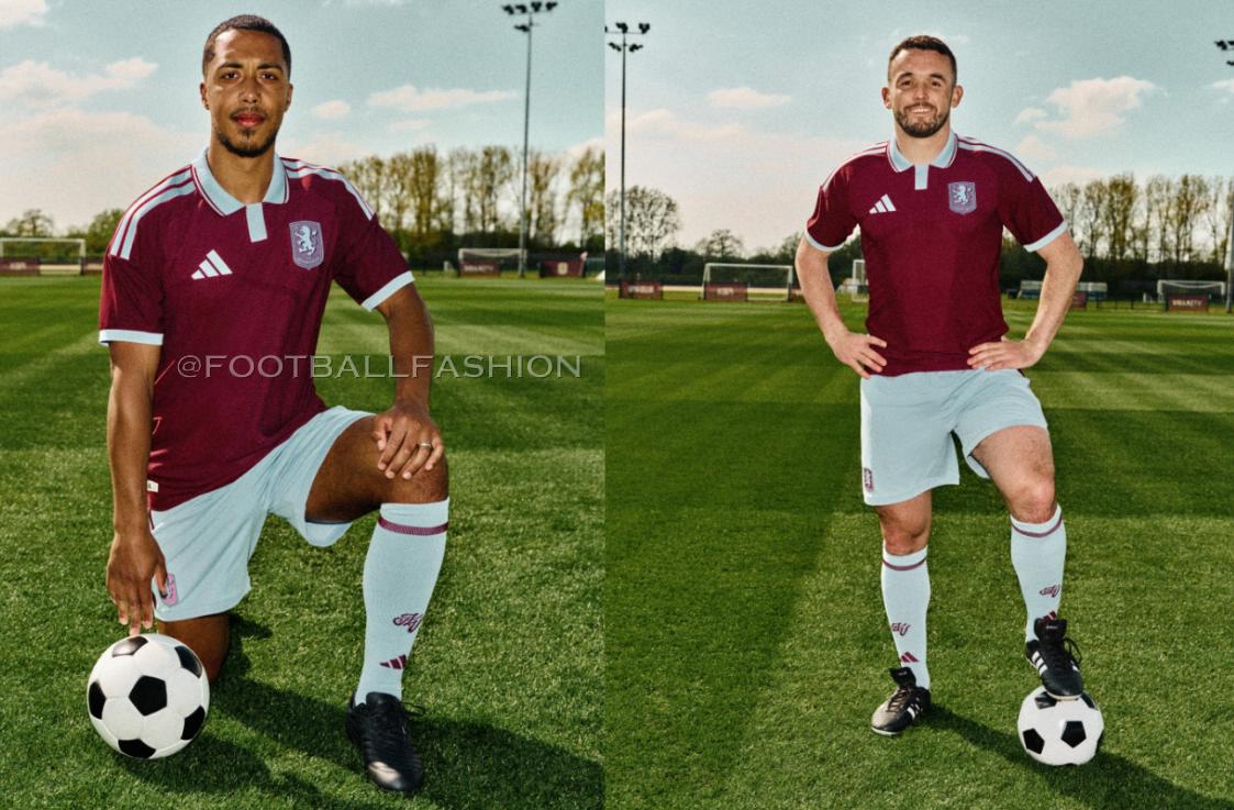 Players presenting the new Aston Villa 2026/27 home kit, featuring a classic claret and blue design.
