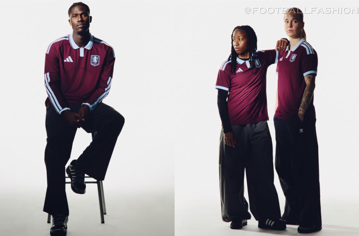Players presenting the new Aston Villa 2026/27 home kit, featuring a classic claret and blue design.