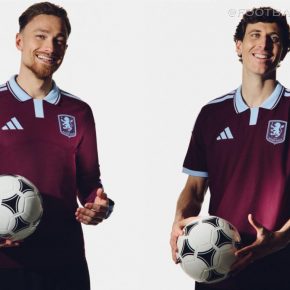 Players presenting the new Aston Villa 2026/27 home kit, featuring a classic claret and blue design.