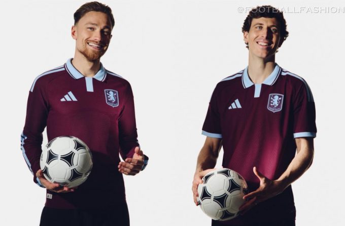 Players presenting the new Aston Villa 2026/27 home kit, featuring a classic claret and blue design.