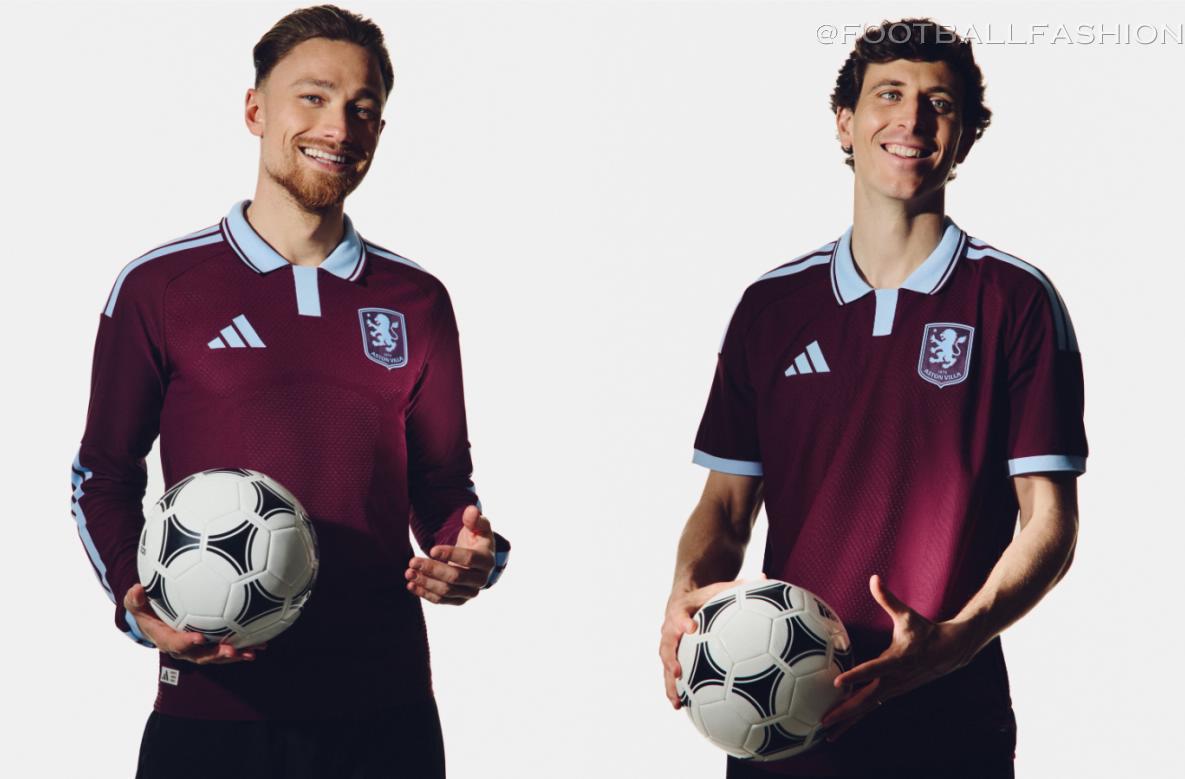 Players presenting the new Aston Villa 2026/27 home kit, featuring a classic claret and blue design.