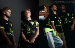 Atlético Madrid 2026/27 Away Jersey by Nike featuring a dominant black color scheme with vibrant Volt details.