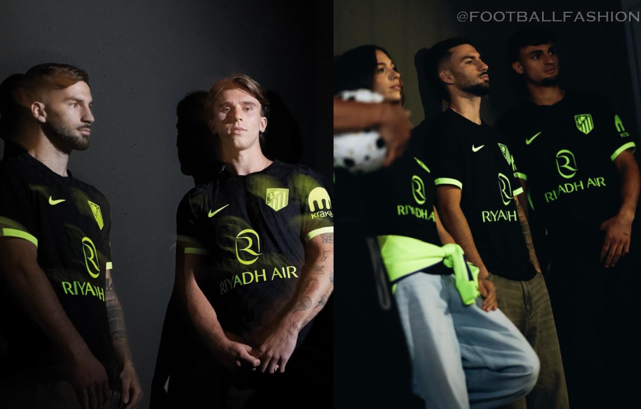 Atlético Madrid 2026/27 Away Jersey by Nike featuring a dominant black color scheme with vibrant Volt details.