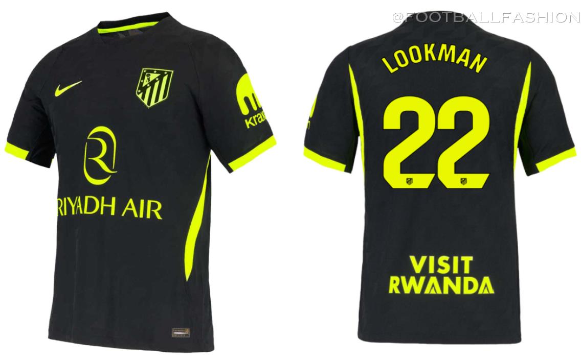 Atlético Madrid 2026/27 Away Jersey by Nike featuring a dominant black color scheme with vibrant Volt details.