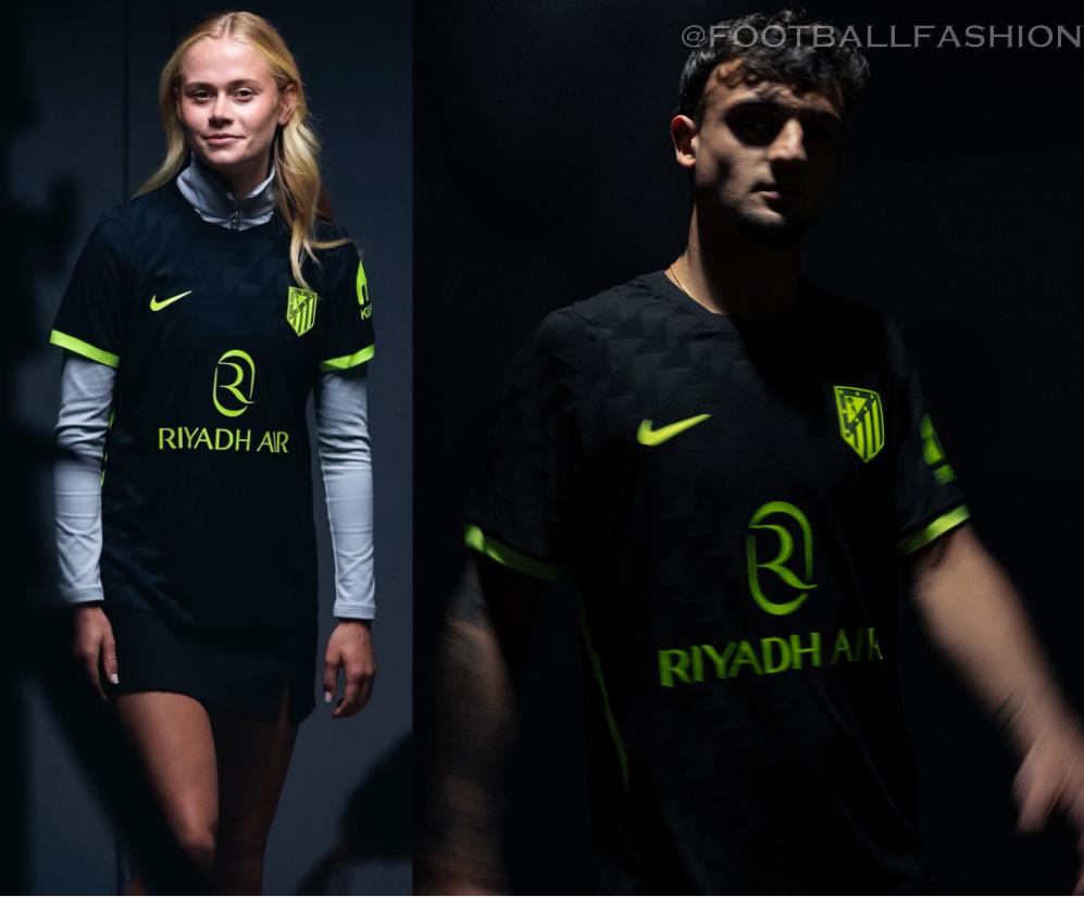 Atlético Madrid 2026/27 Away Jersey by Nike featuring a dominant black color scheme with vibrant Volt details.