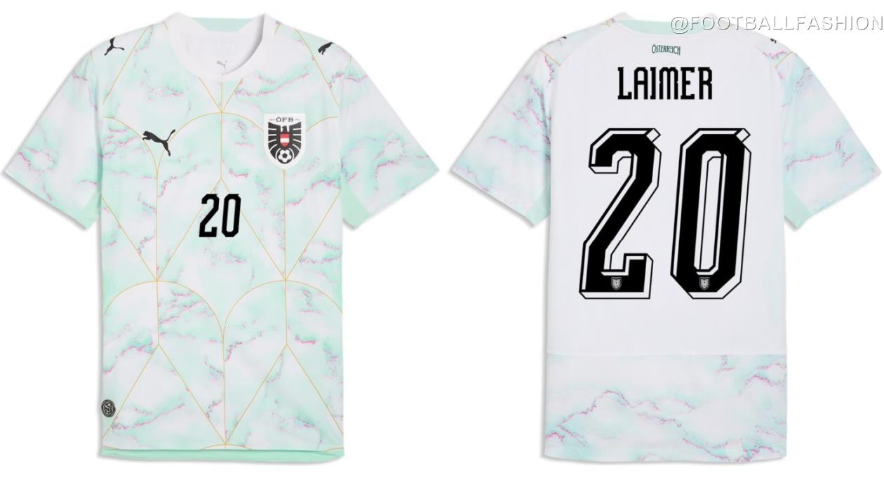 Close-up of the Austria World Cup 2026 Jersey showing marble patterns and gold Art Nouveau lines.