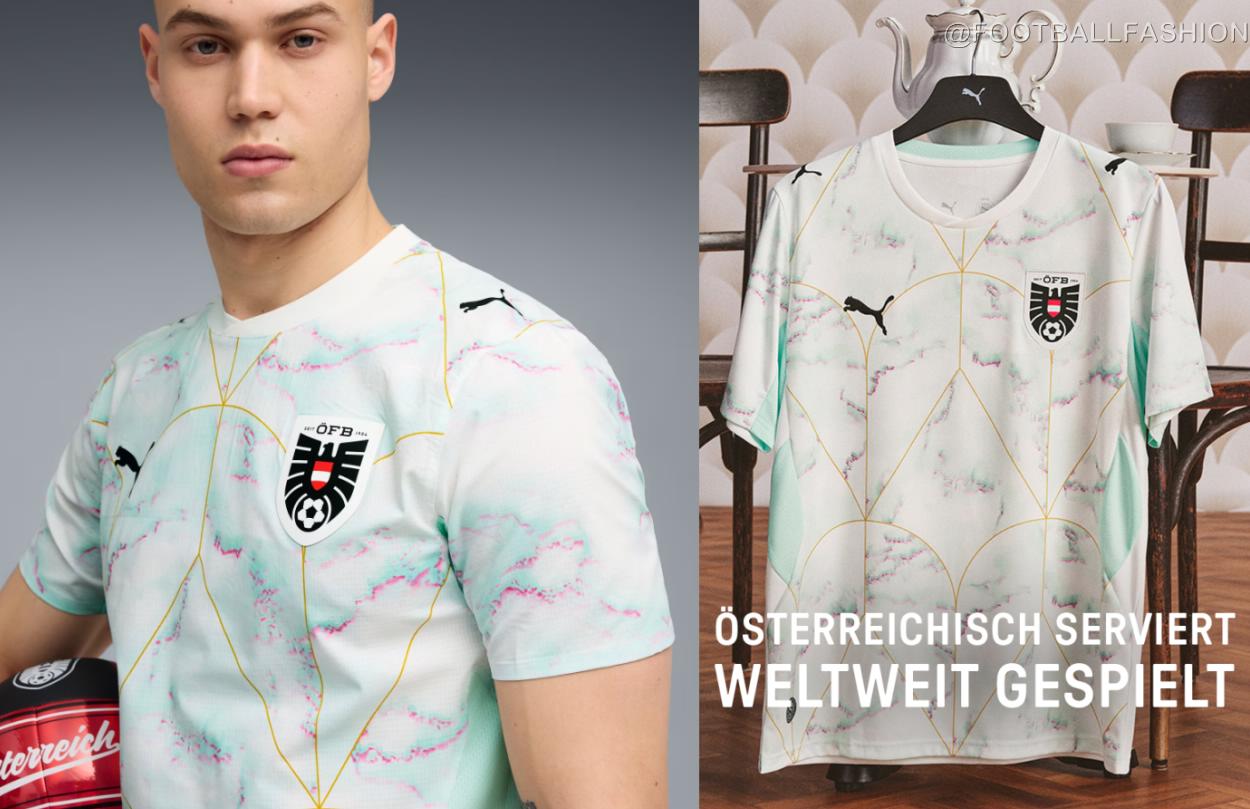 Close-up of the Austria World Cup 2026 Jersey showing marble patterns and gold Art Nouveau lines.