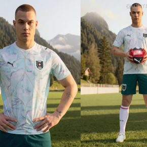 Close-up of the Austria World Cup 2026 Jersey showing marble patterns and gold Art Nouveau lines.