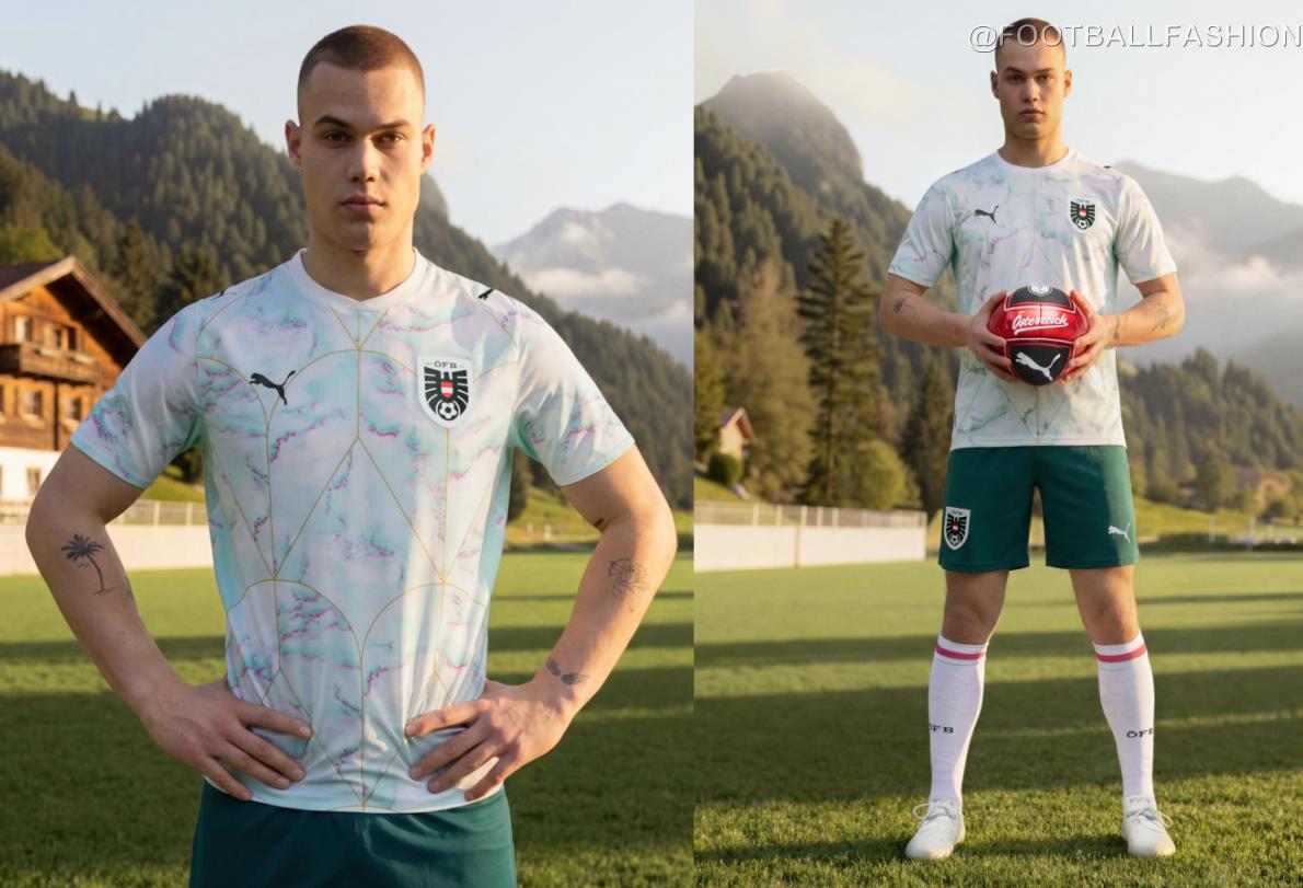 Close-up of the Austria World Cup 2026 Jersey showing marble patterns and gold Art Nouveau lines.