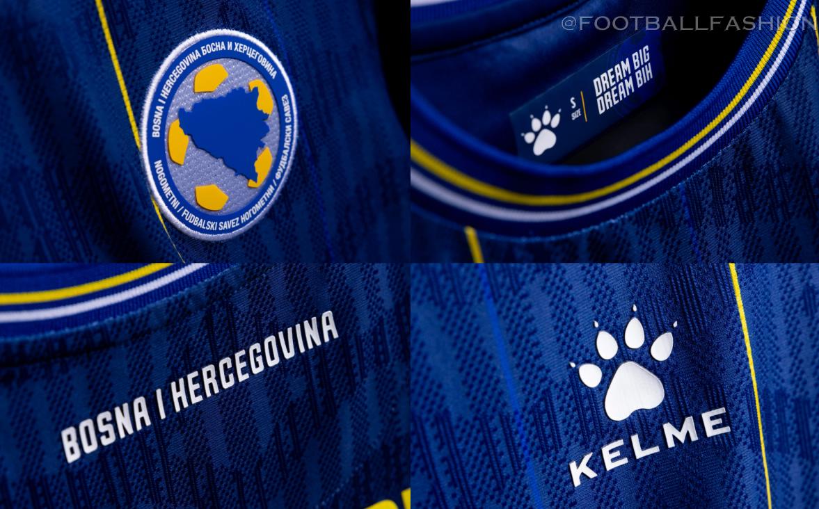 Kelme Bosnia and Herzegovina 2026 home jersey featuring vertical yellow and white pinstripes.
