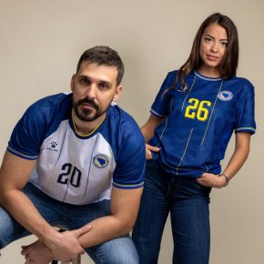 Kelme Bosnia and Herzegovina World Cup 2026 jersey featuring vertical yellow and white pinstripes.