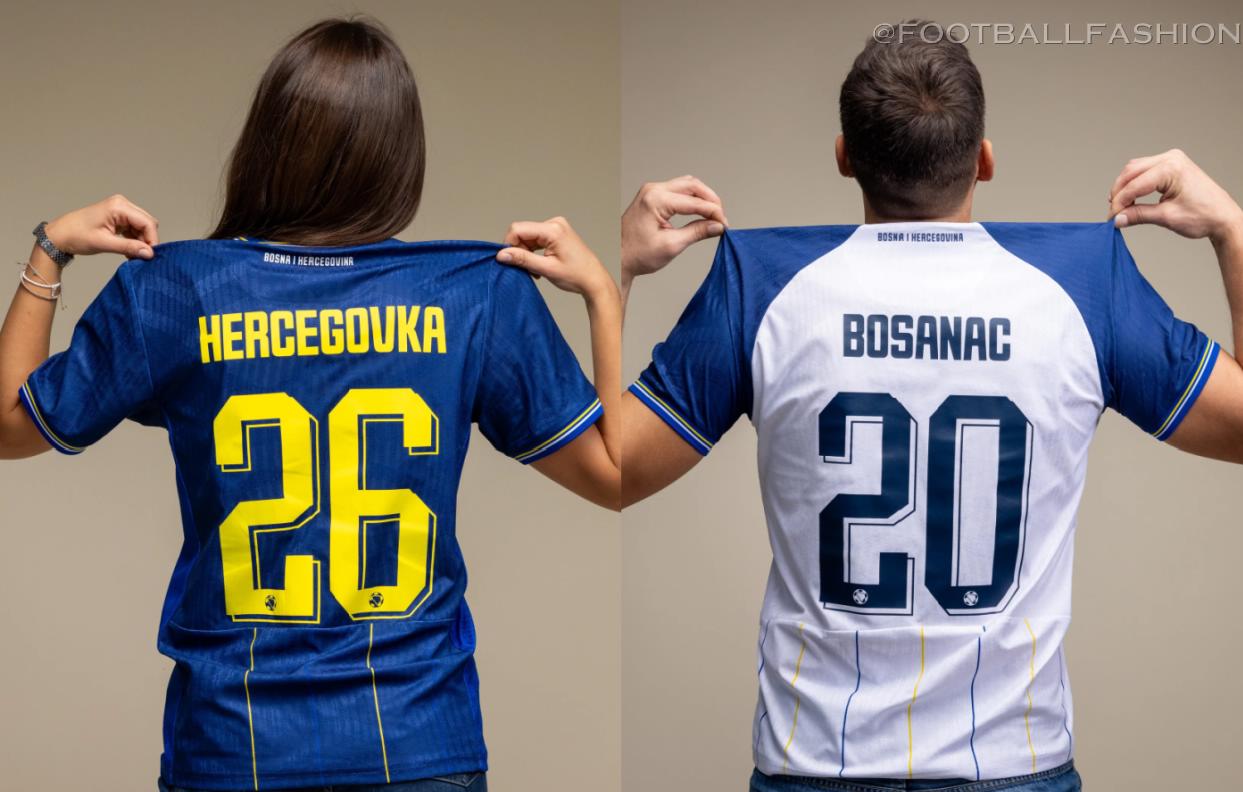 Kelme Bosnia and Herzegovina World Cup 2026 jersey featuring vertical yellow and white pinstripes.