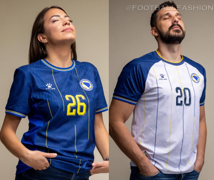 Kelme Bosnia and Herzegovina World Cup 2026 jersey featuring vertical yellow and white pinstripes.
