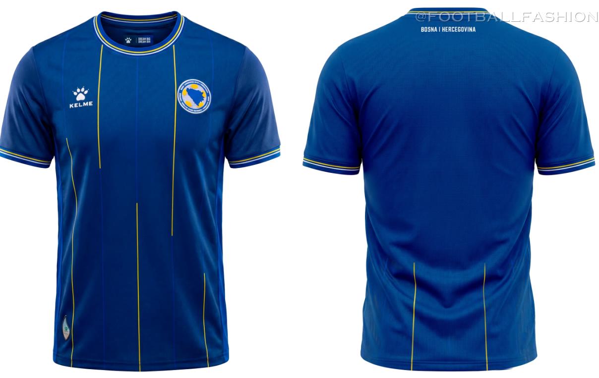 Kelme Bosnia and Herzegovina World Cup 2026 jersey featuring vertical yellow and white pinstripes.