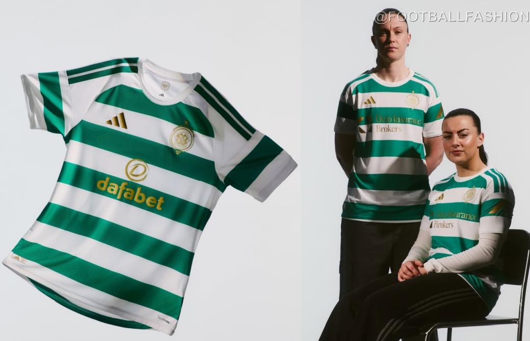 Celtic FC 2026/27 home jersey with gold 60th anniversary crest and white shorts.